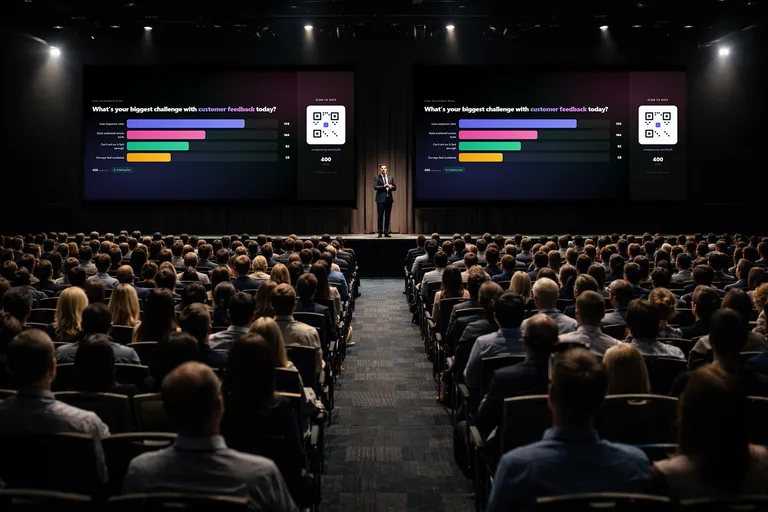 Live survey results displayed on dual screens at a large conference
