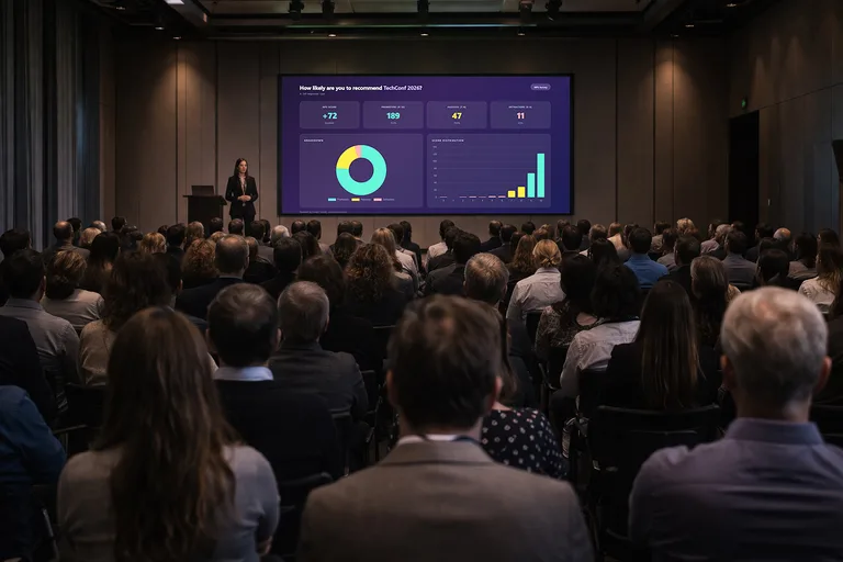 NPS dashboard displayed during a conference presentation