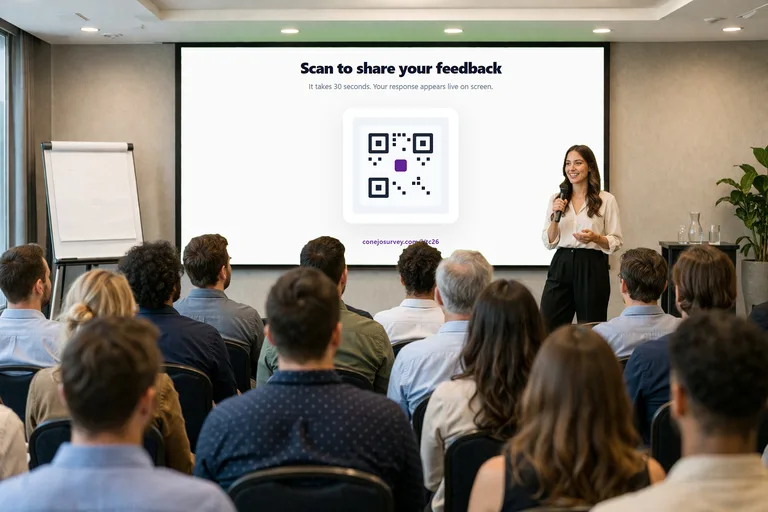 Presenter showing QR code for live audience feedback