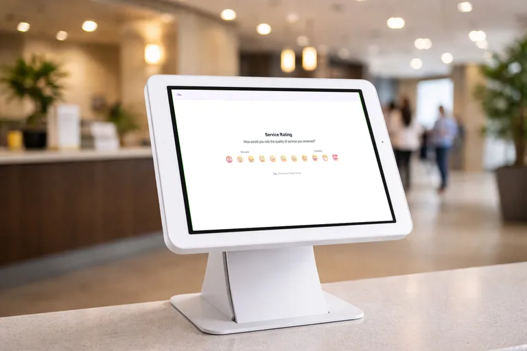 Service rating kiosk with emoji scale at a hotel lobby