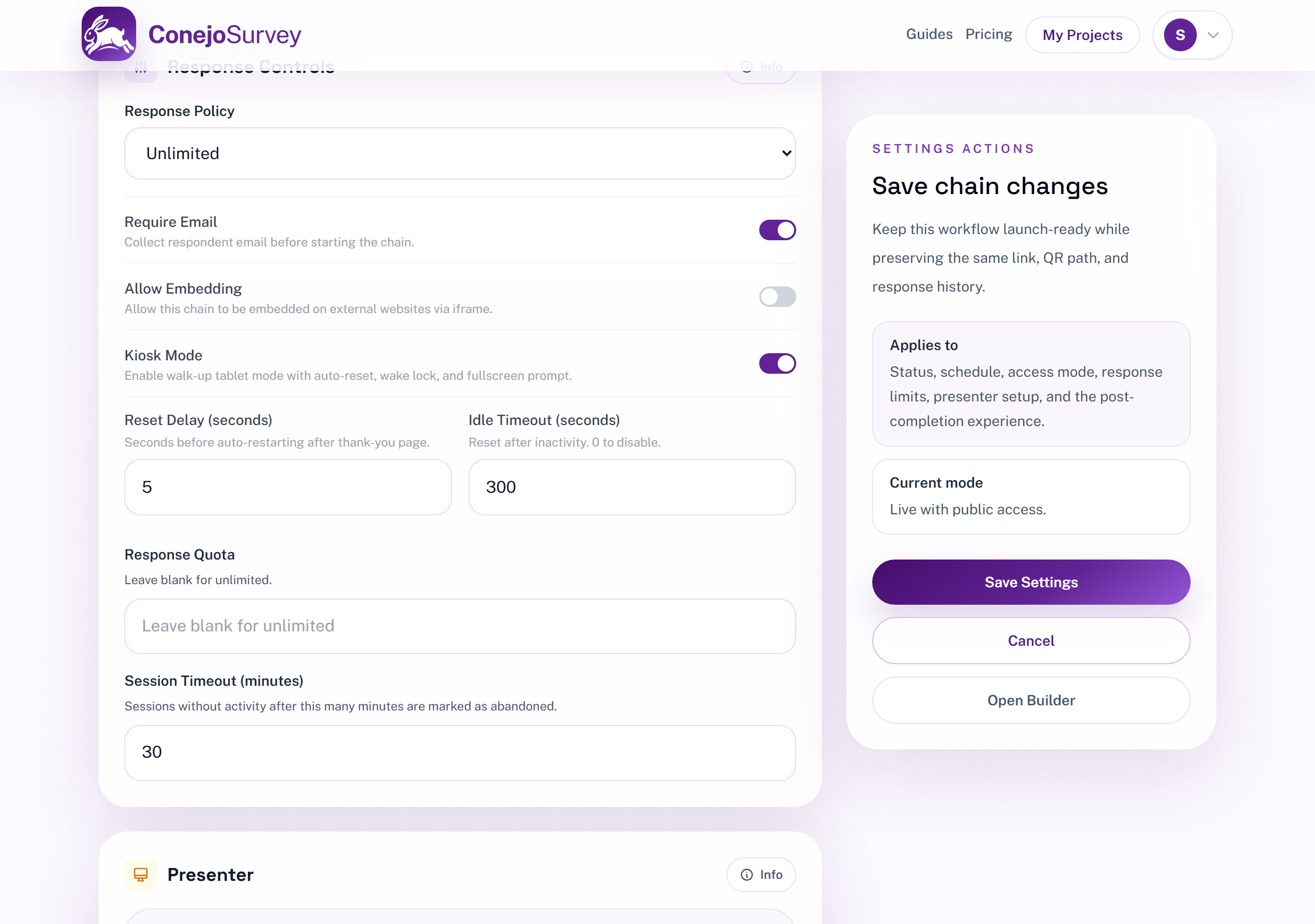 Kiosk mode toggle in chain settings