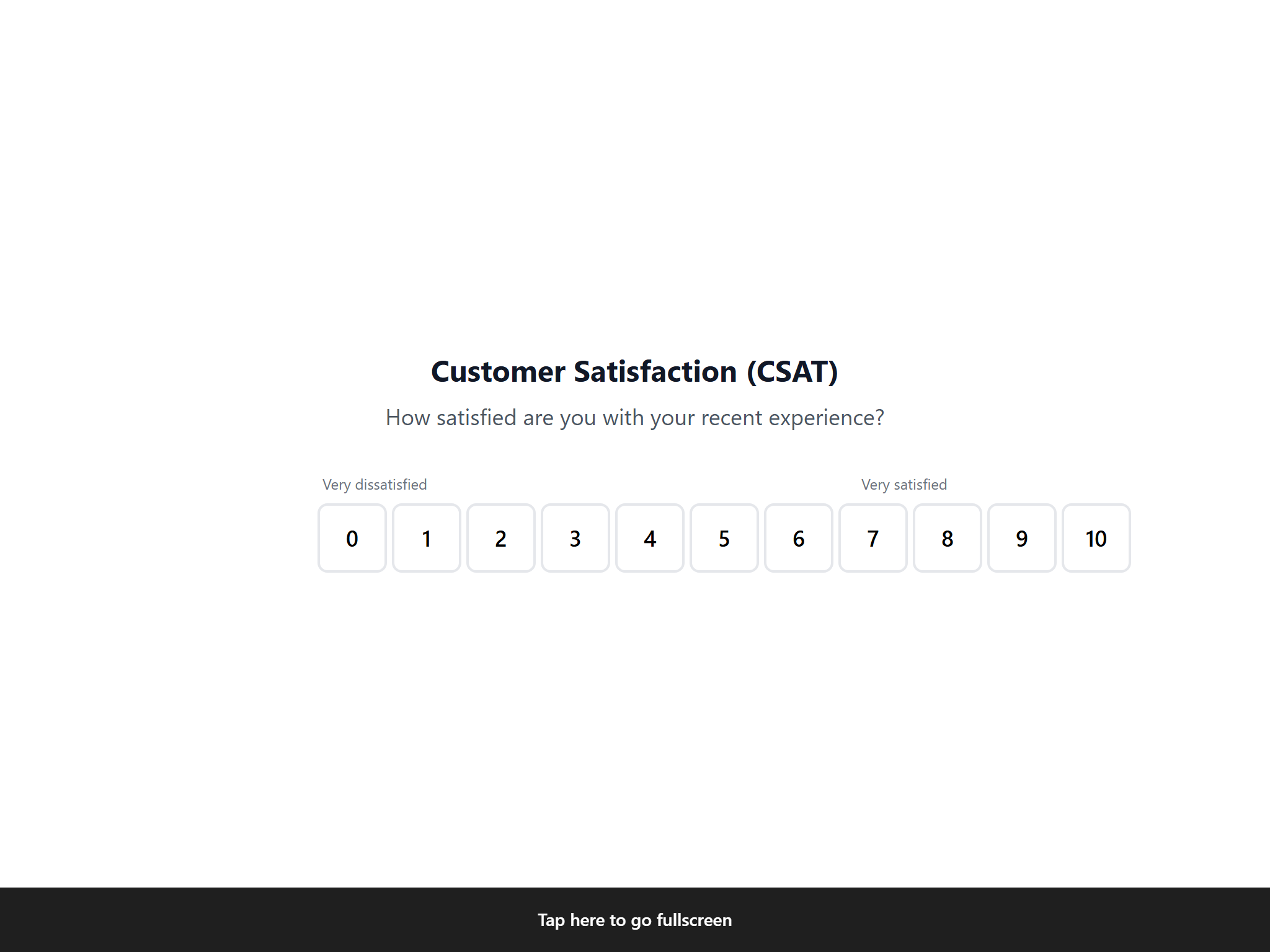 Kiosk mode showing a CSAT survey with fullscreen prompt bar