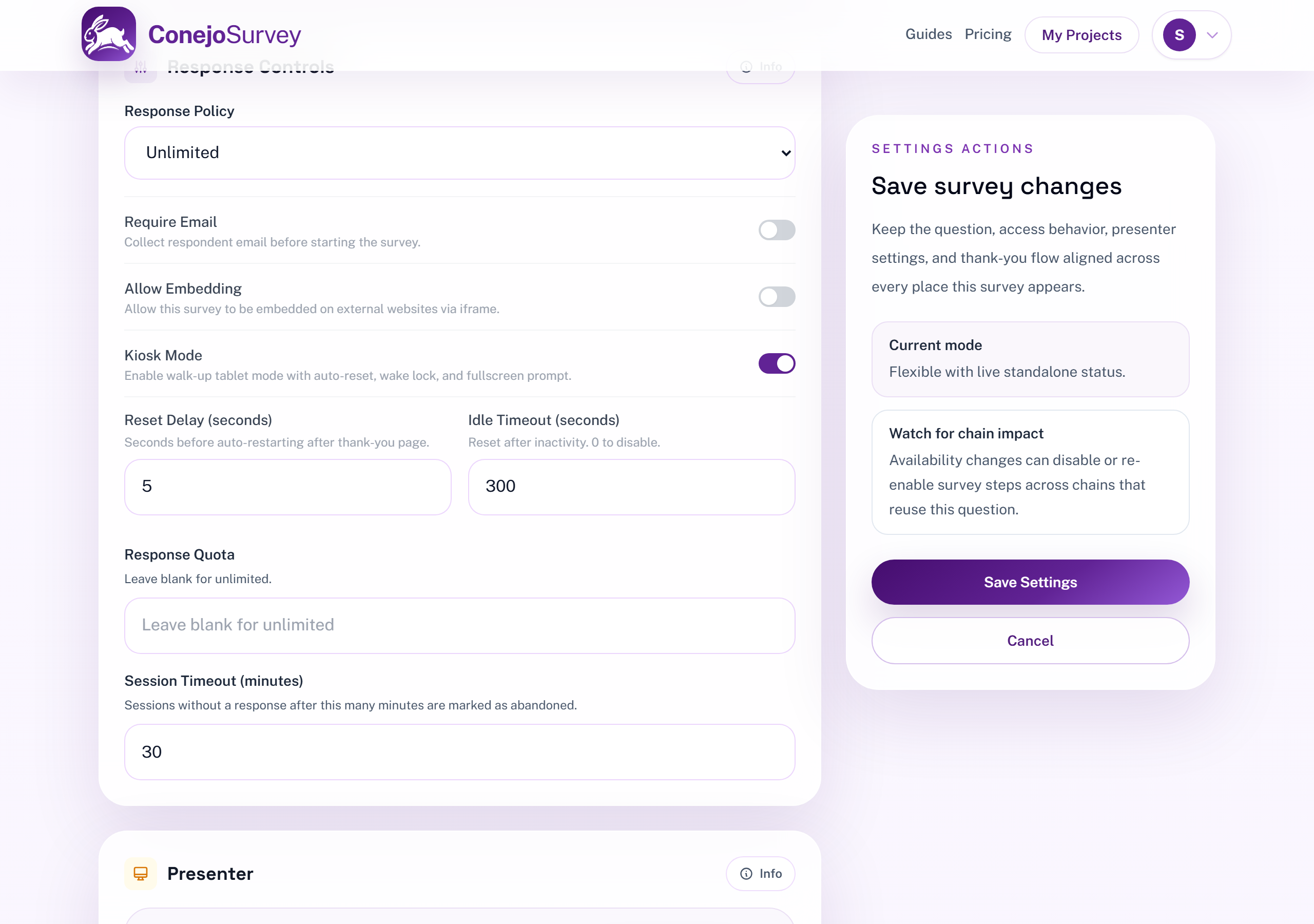 Kiosk mode toggle in survey settings showing reset delay and idle timeout fields