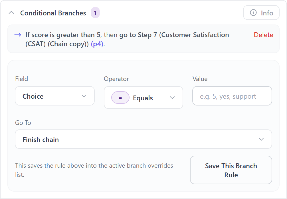 Conejo chain builder showing a score-based follow-up branch rule for an NPS workflow.