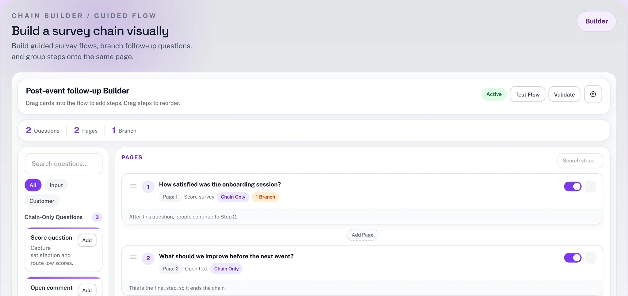 Chain Builder interface showing guided pages and branching