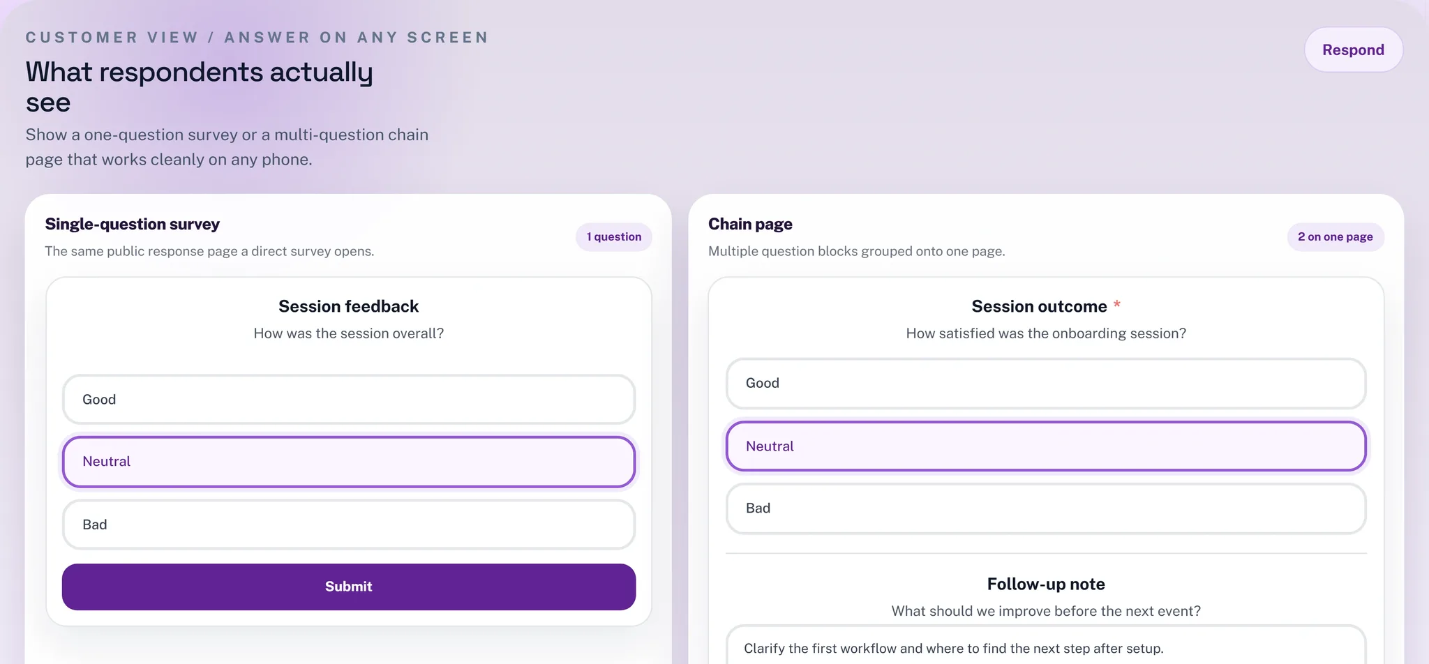 Customer-facing survey form on desktop and mobile