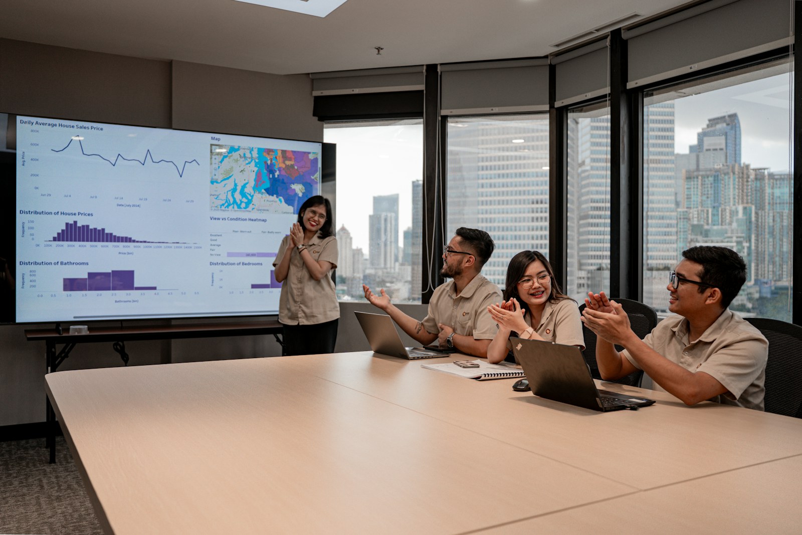 Team collaborating during a presentation with data visible on screen